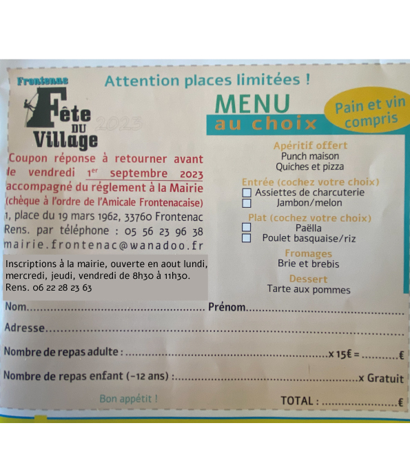 Inscriptions repas Fête du Village 2023